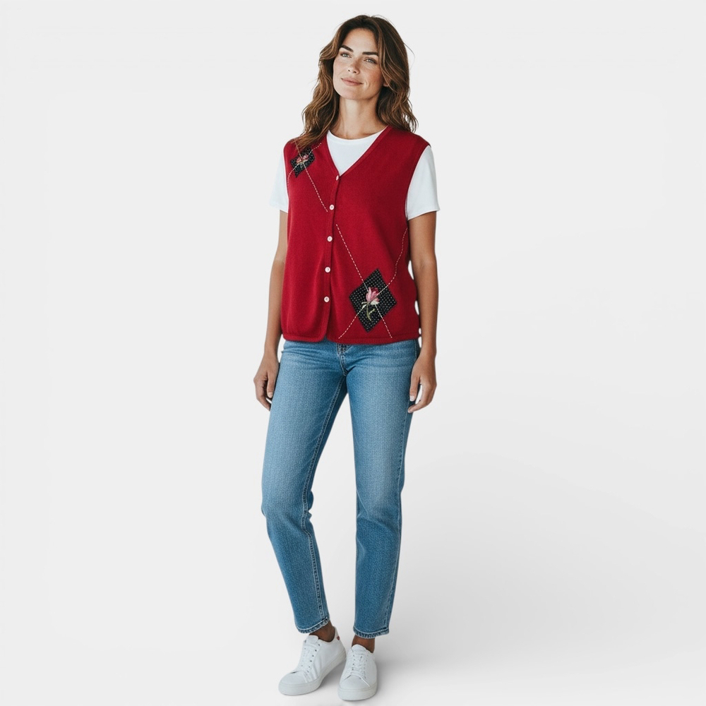 VINTAGE KORET Vest Women Size Medium Petite Button-up Sleeveless Embroidered